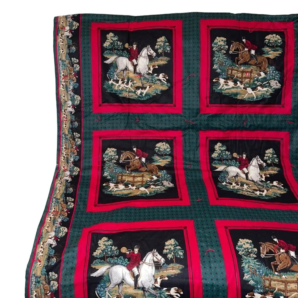 Handmade Vintage 70's Equestrian Horse Rider Beagle Hunting Pocket Quilt 70 X 43